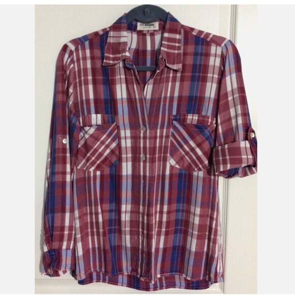 4Our Dreamers Plaid Button Up Shirt Top Roll Tab Sleeve Red Size Blue XS - Picture 2 of 6